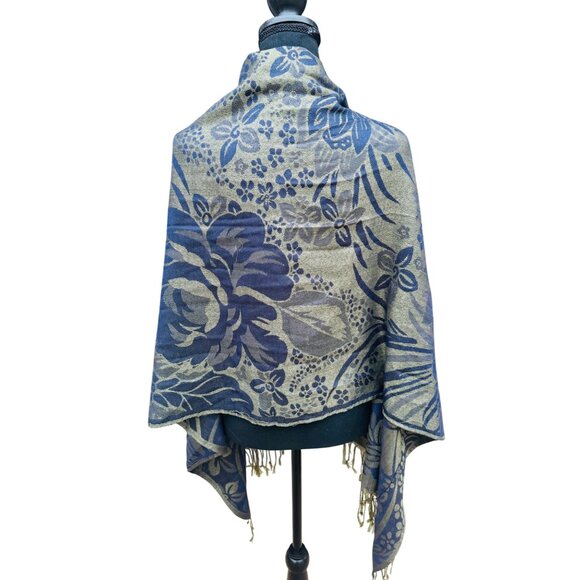 Floral Reversible Shawl/Wrap With Fringe Edges In Blue & Olive Green For Women - Picture 2 of 6